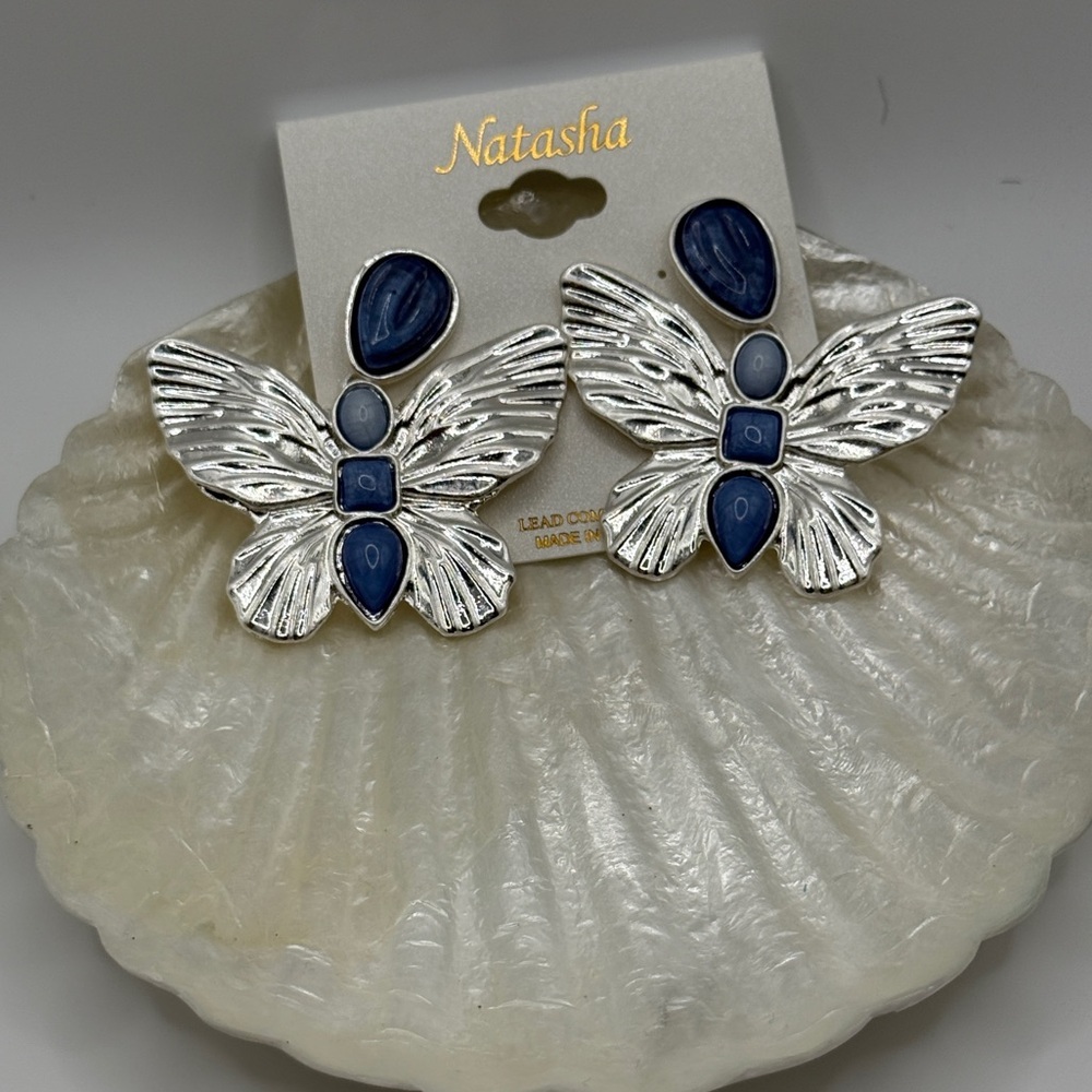 ✨ Natasha Silver-Tone Butterfly Earrings with Blue Gem Accents ✨
